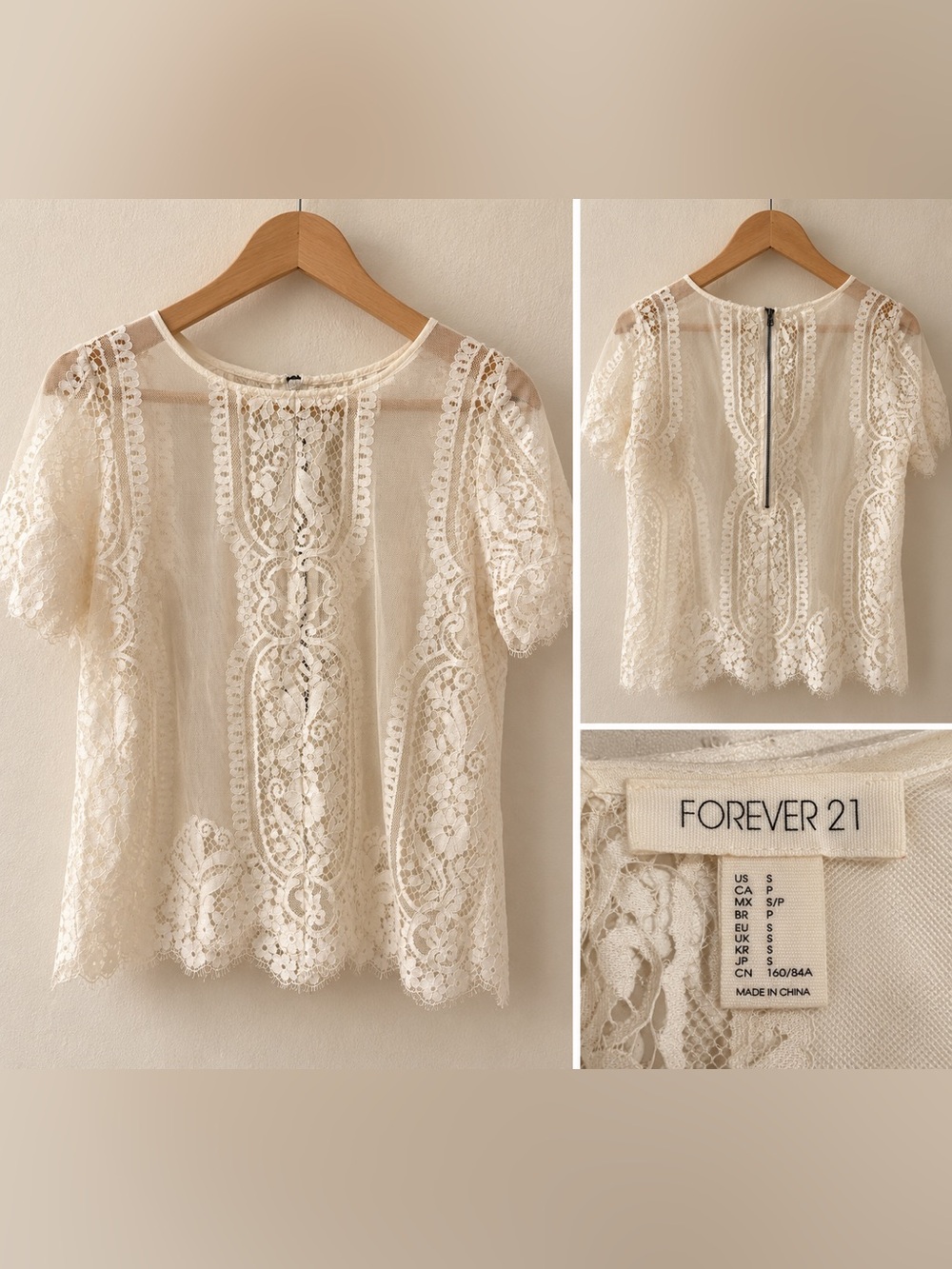 Forever 21 Ivory Lace Short Sleeve Blouse
